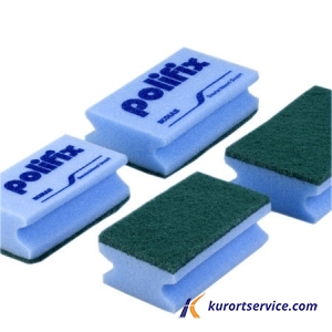 Губка с зелёным абразивом 12х7 см голубой 10шт POLIFIX SCRUBBING SPONGE